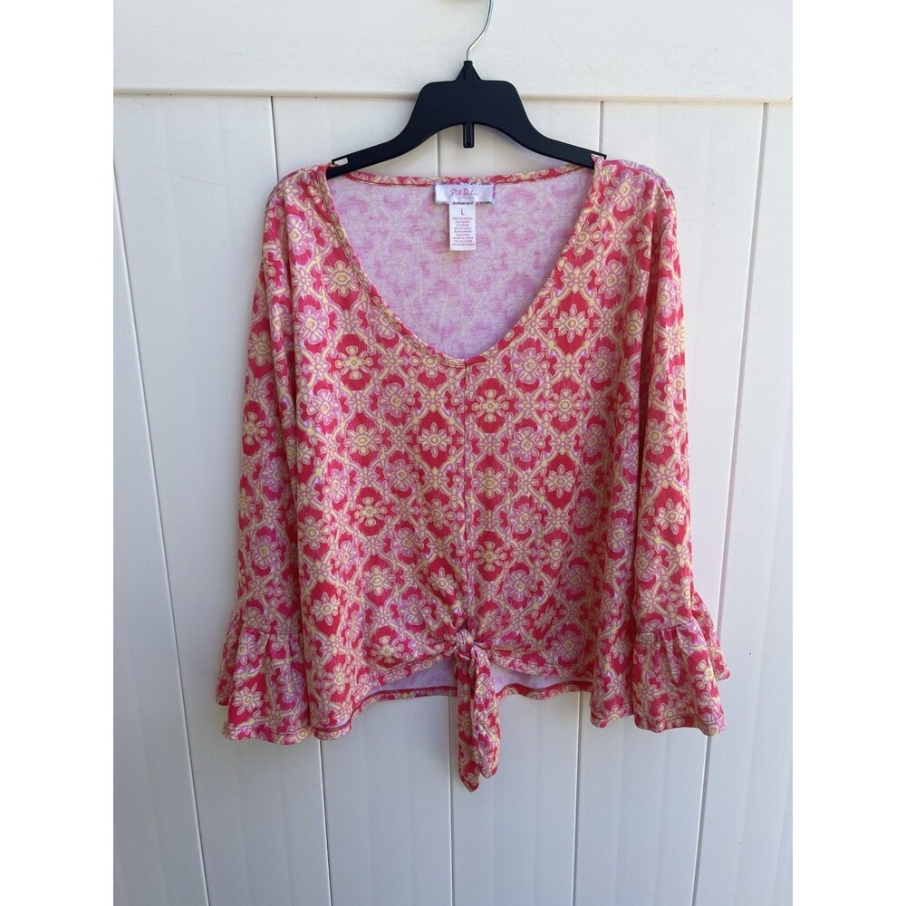Stella Parker Top Womens Size Large Short Sleeve Tie Front Bell Sleeve